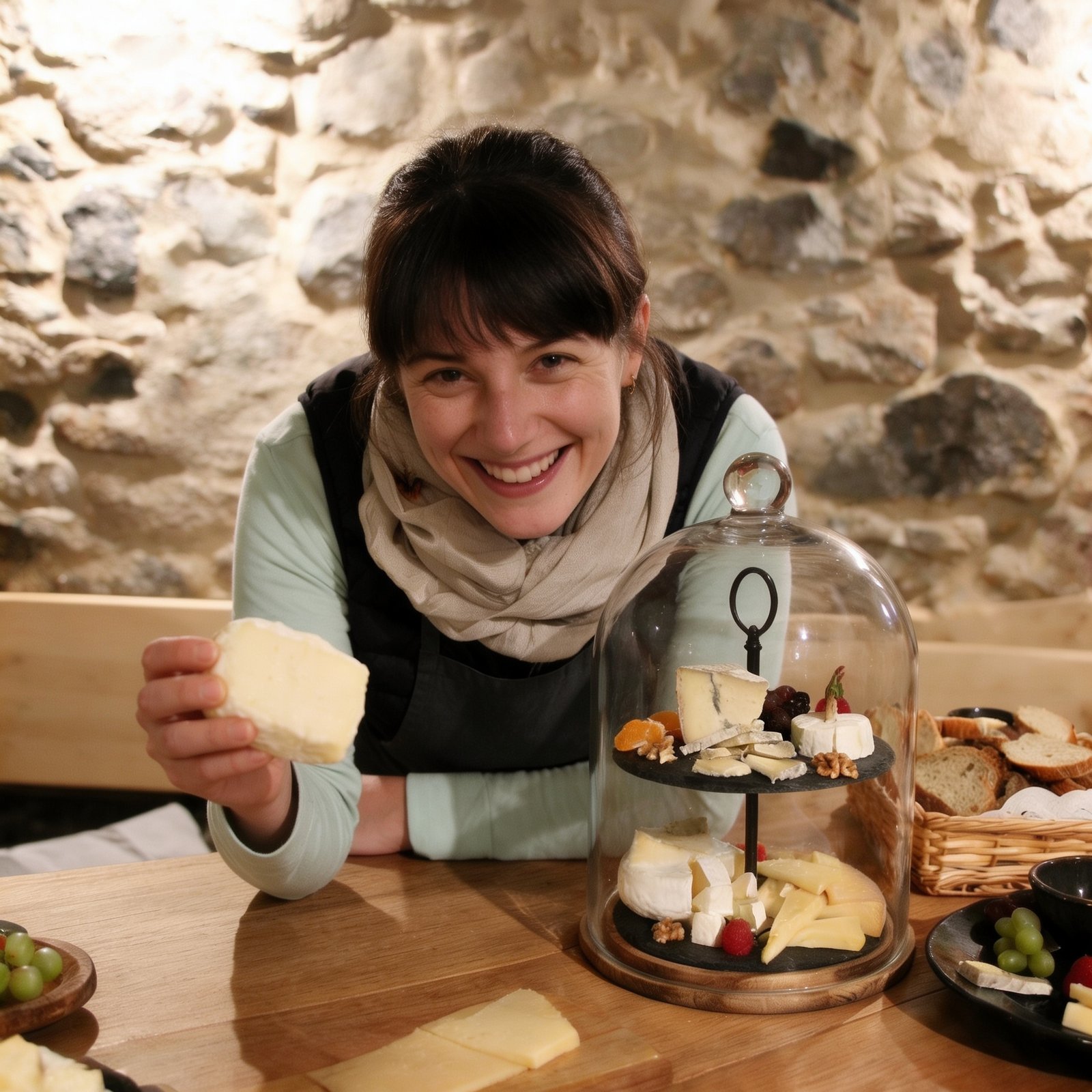 Teilnehmerin mit ihrem selbstgemachten Käse und einer Käseglocke voller Spezialitäten